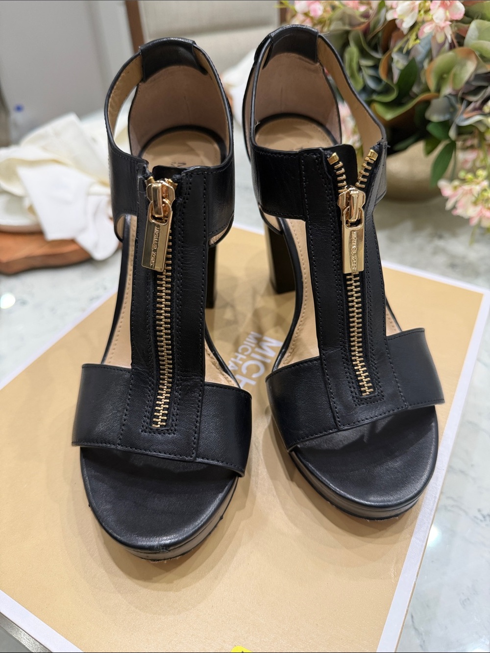 Michael Kors Black Leather T-Strap Zip Block Heel Sandals